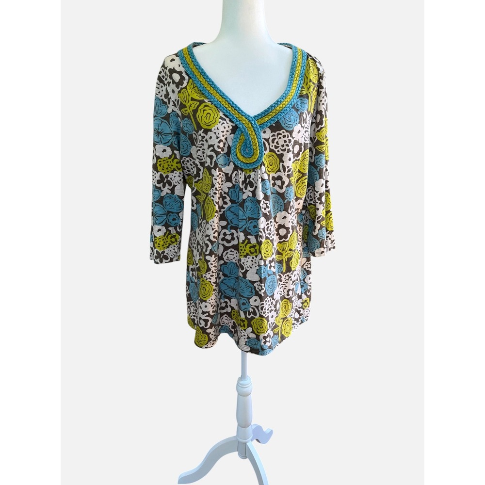 Boden V-Neck Floral Rope Tunic Top Blue Yellow Cotton Relaxed Boho Retro